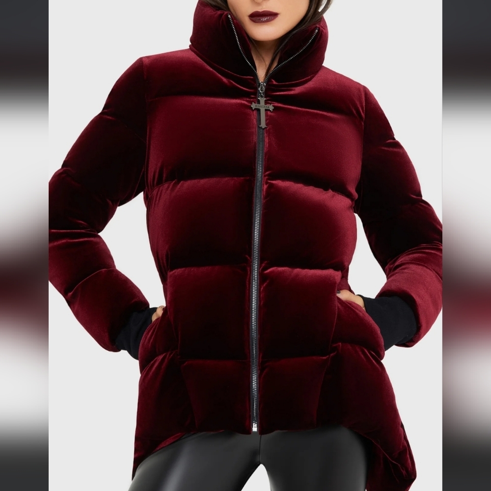 Killstar Dark Red Velvet Puffer Jacket - Picture 4 of 8